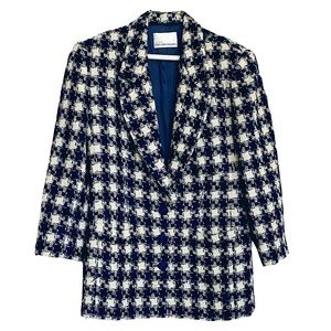 VINTAGE DANA BUCHMAN Cream/Navy Wool Houndstooth 3 Button Blazer Size 10 Long
